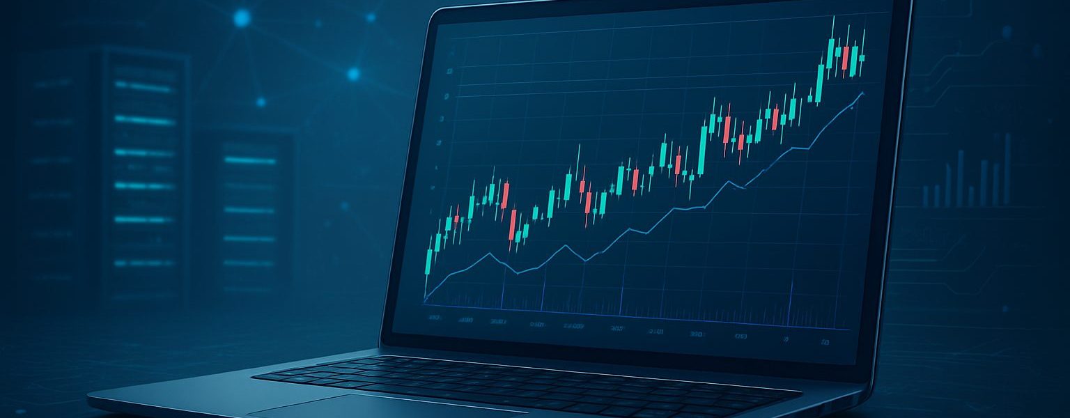 Close-up of a laptop displaying a financial trading chart on a dark background