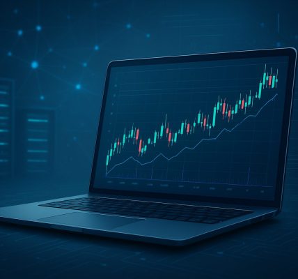 Close-up of a laptop displaying a financial trading chart on a dark background