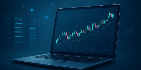 Close-up of a laptop displaying a financial trading chart on a dark background