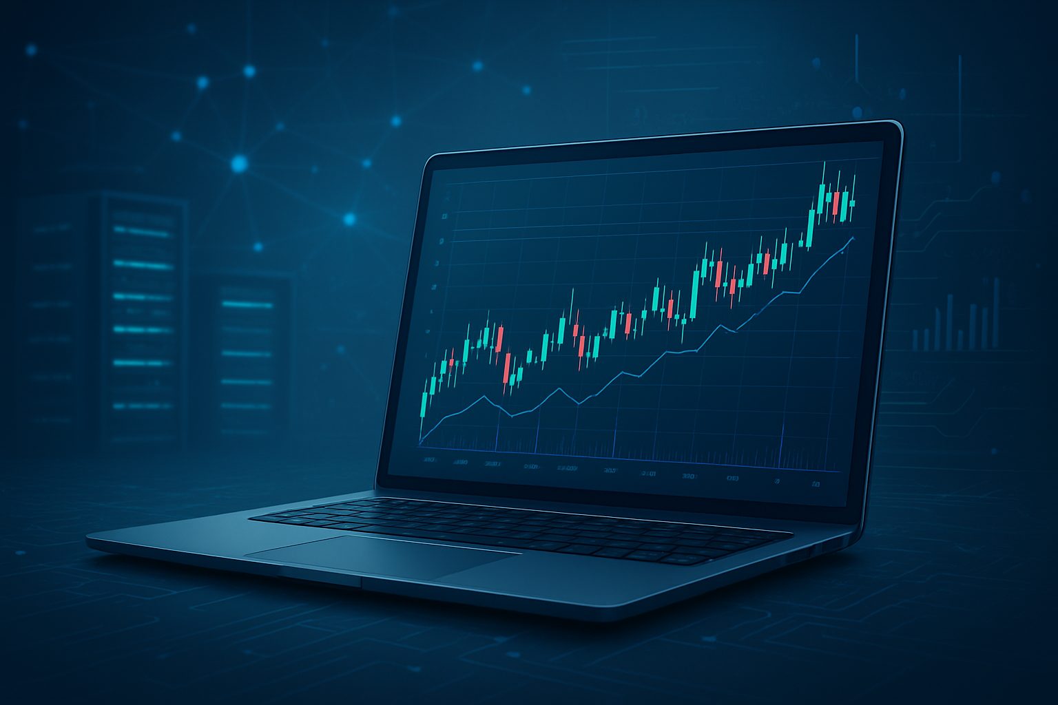 Close-up of a laptop displaying a financial trading chart on a dark background