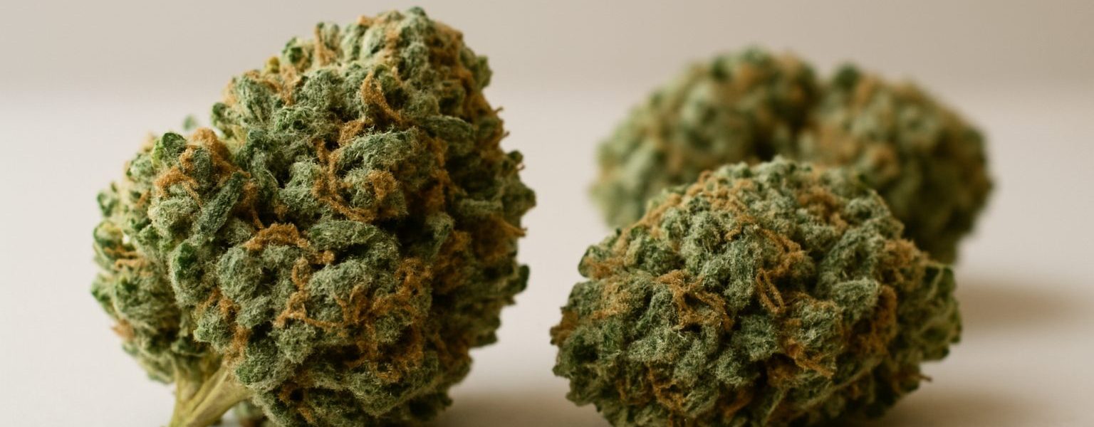 Close-up of several cannabis buds on a neutral background
