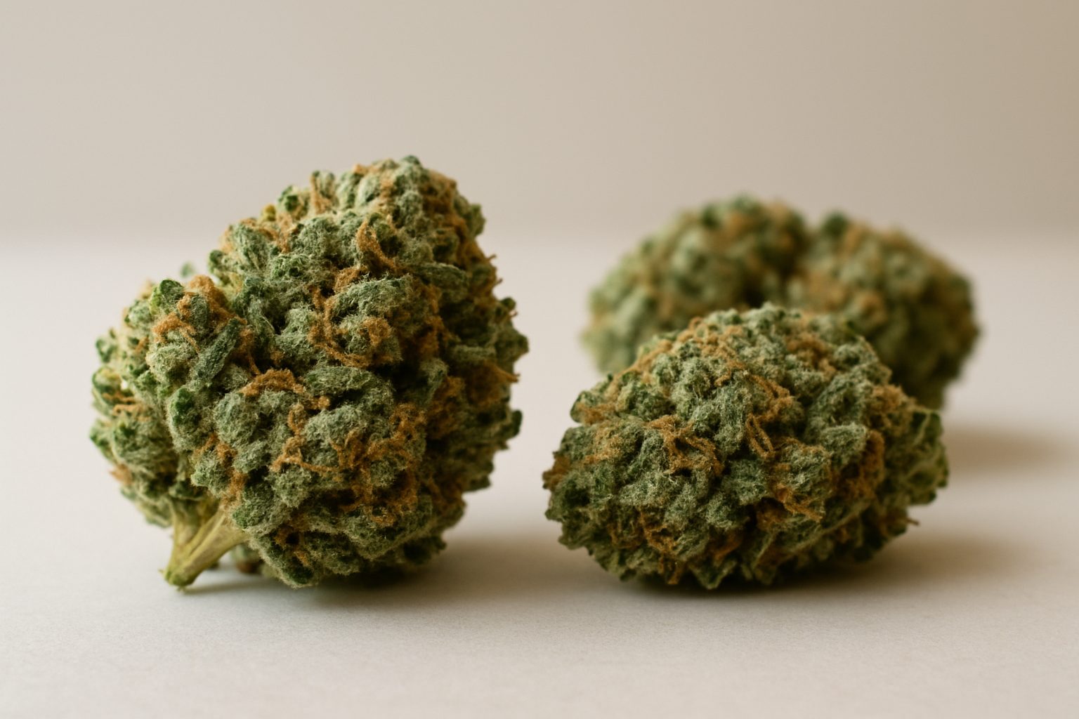Close-up of several cannabis buds on a neutral background