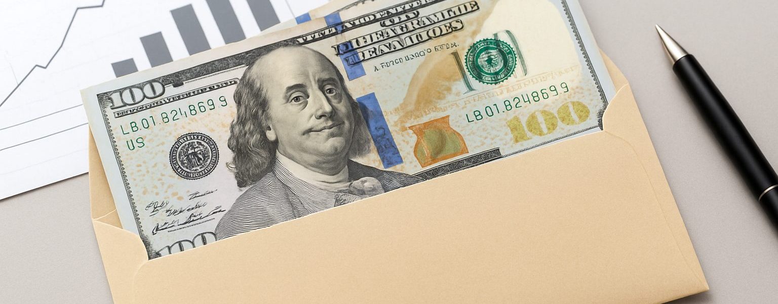 A close-up of an envelope containing cash and a pen, with a graph background