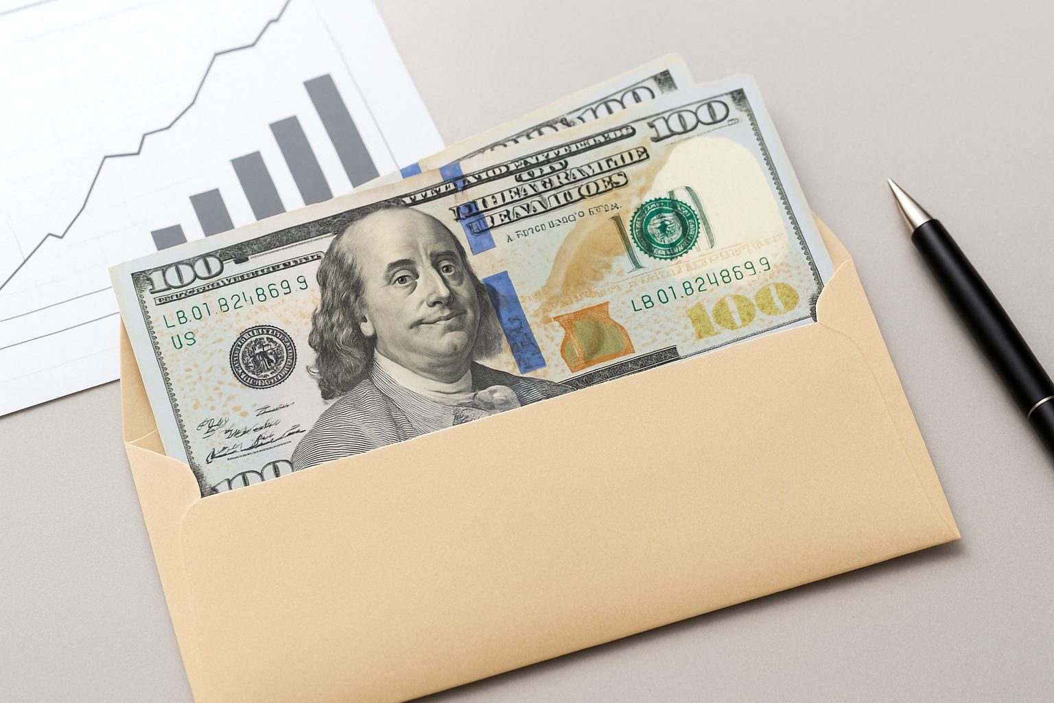A close-up of an envelope containing cash and a pen, with a graph background