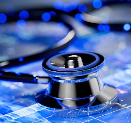 a stethoscope on a digital background representing health data