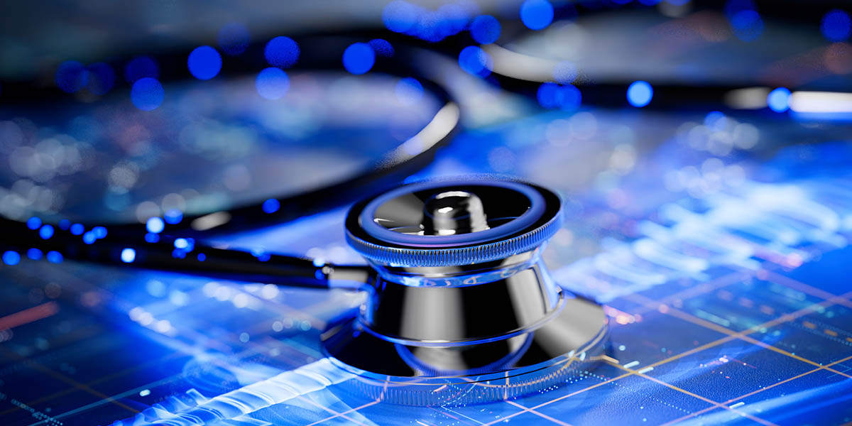 a stethoscope on a digital background representing health data