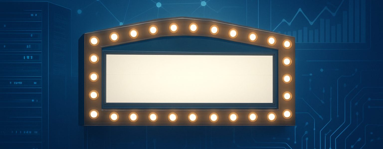 A blank marquee with light bulbs on a blue background, symbolizing anticipation and upcoming events.