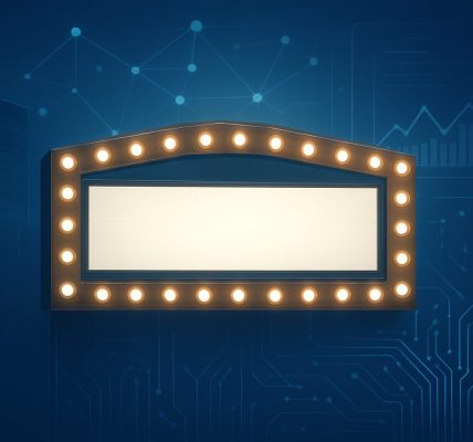 A blank marquee with light bulbs on a blue background, symbolizing anticipation and upcoming events.