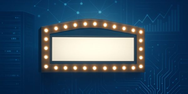 A blank marquee with light bulbs on a blue background, symbolizing anticipation and upcoming events.