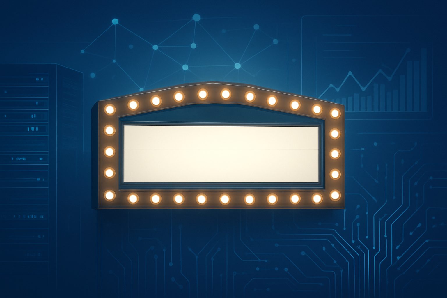 A blank marquee with light bulbs on a blue background, symbolizing anticipation and upcoming events.