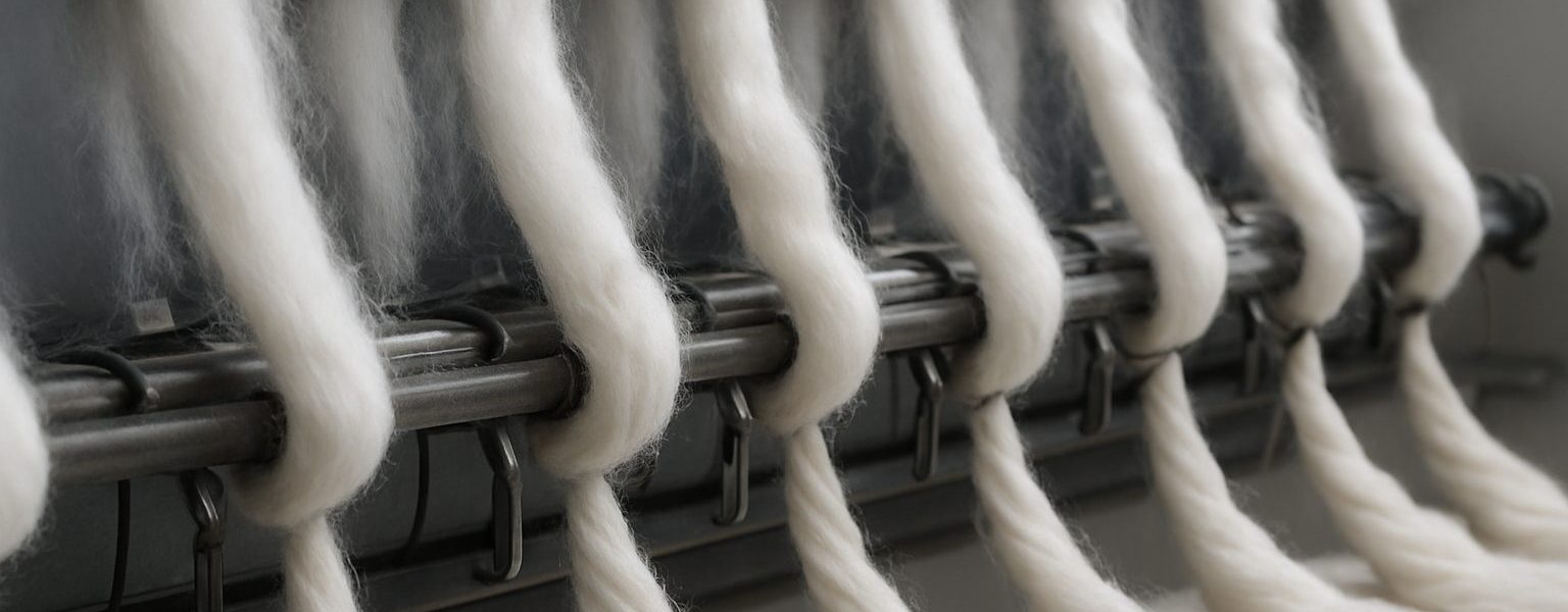 Close-up of spinning machinery processing white fibers in a textile factory