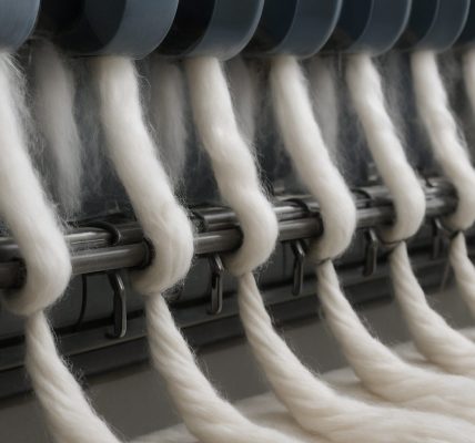 Close-up of spinning machinery processing white fibers in a textile factory