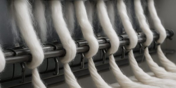 Close-up of spinning machinery processing white fibers in a textile factory