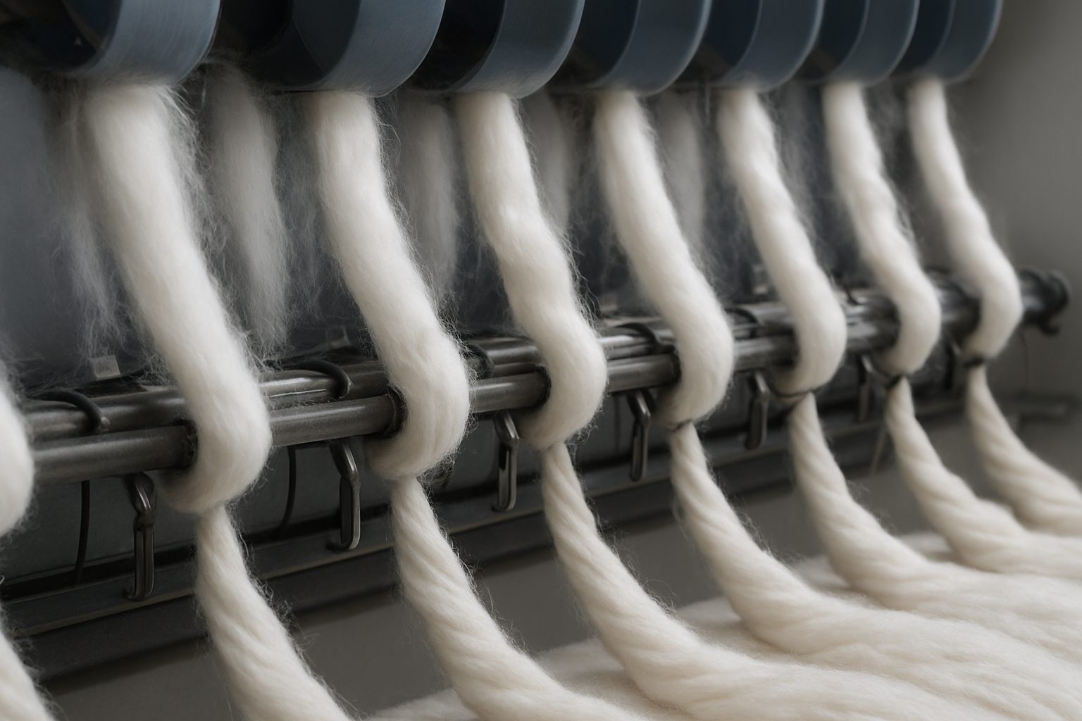 Close-up of spinning machinery processing white fibers in a textile factory