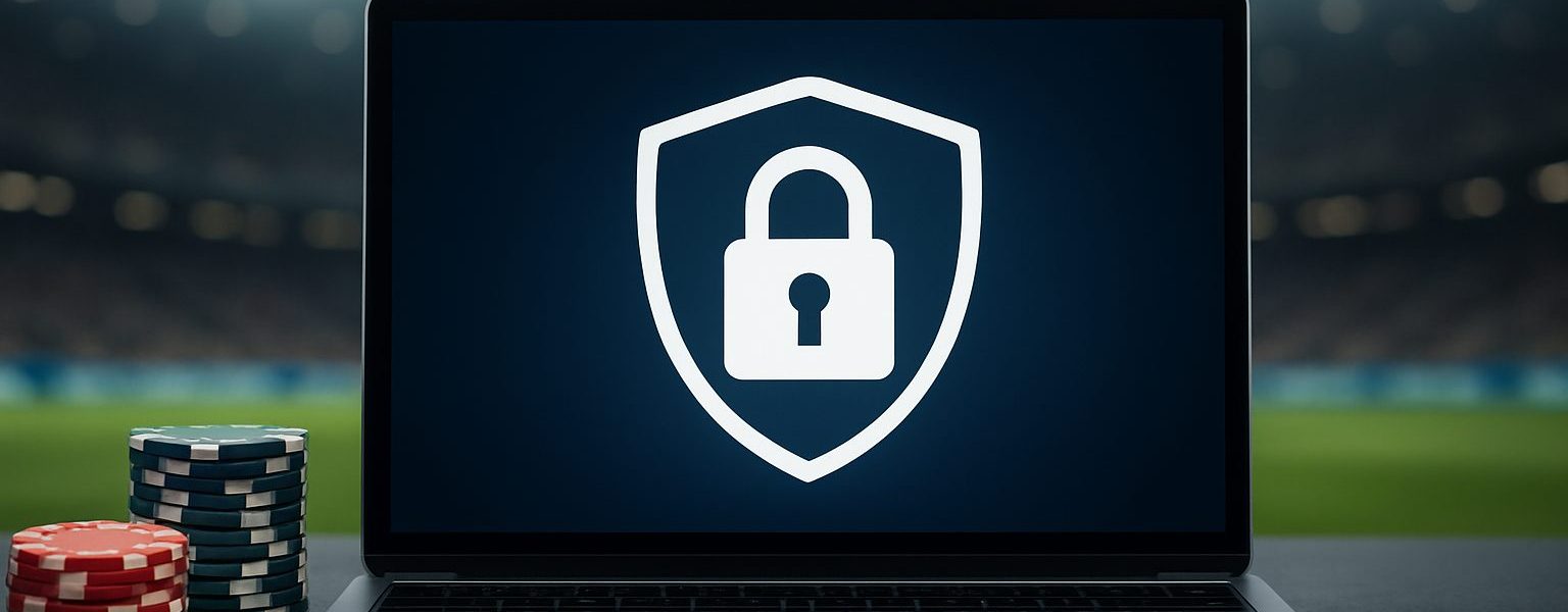 A laptop displaying a padlock icon on a dark background, surrounded by casino chips in a sports arena setting.