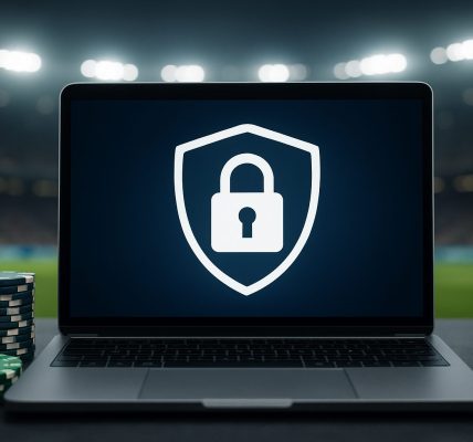 A laptop displaying a padlock icon on a dark background, surrounded by casino chips in a sports arena setting.