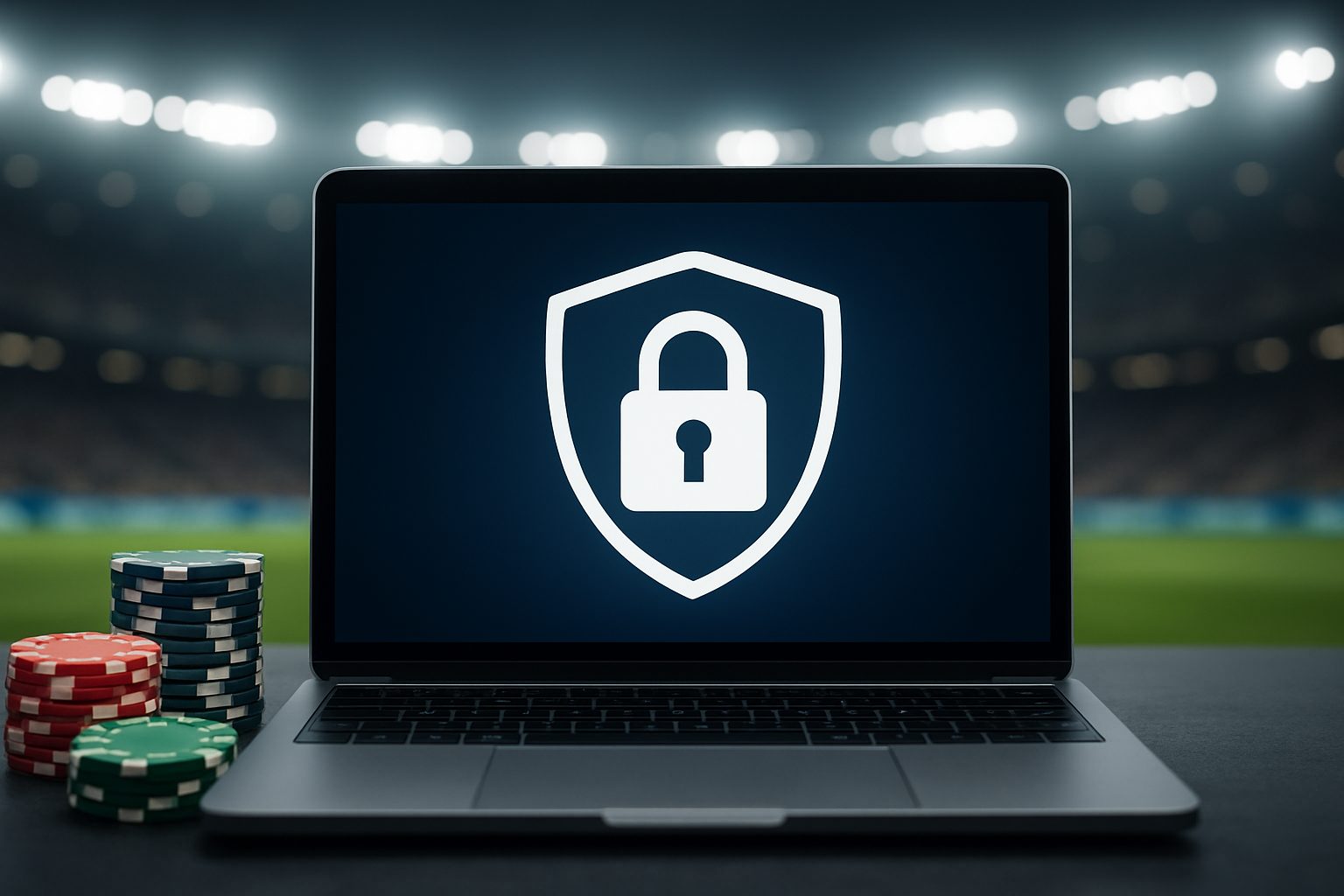A laptop displaying a padlock icon on a dark background, surrounded by casino chips in a sports arena setting.
